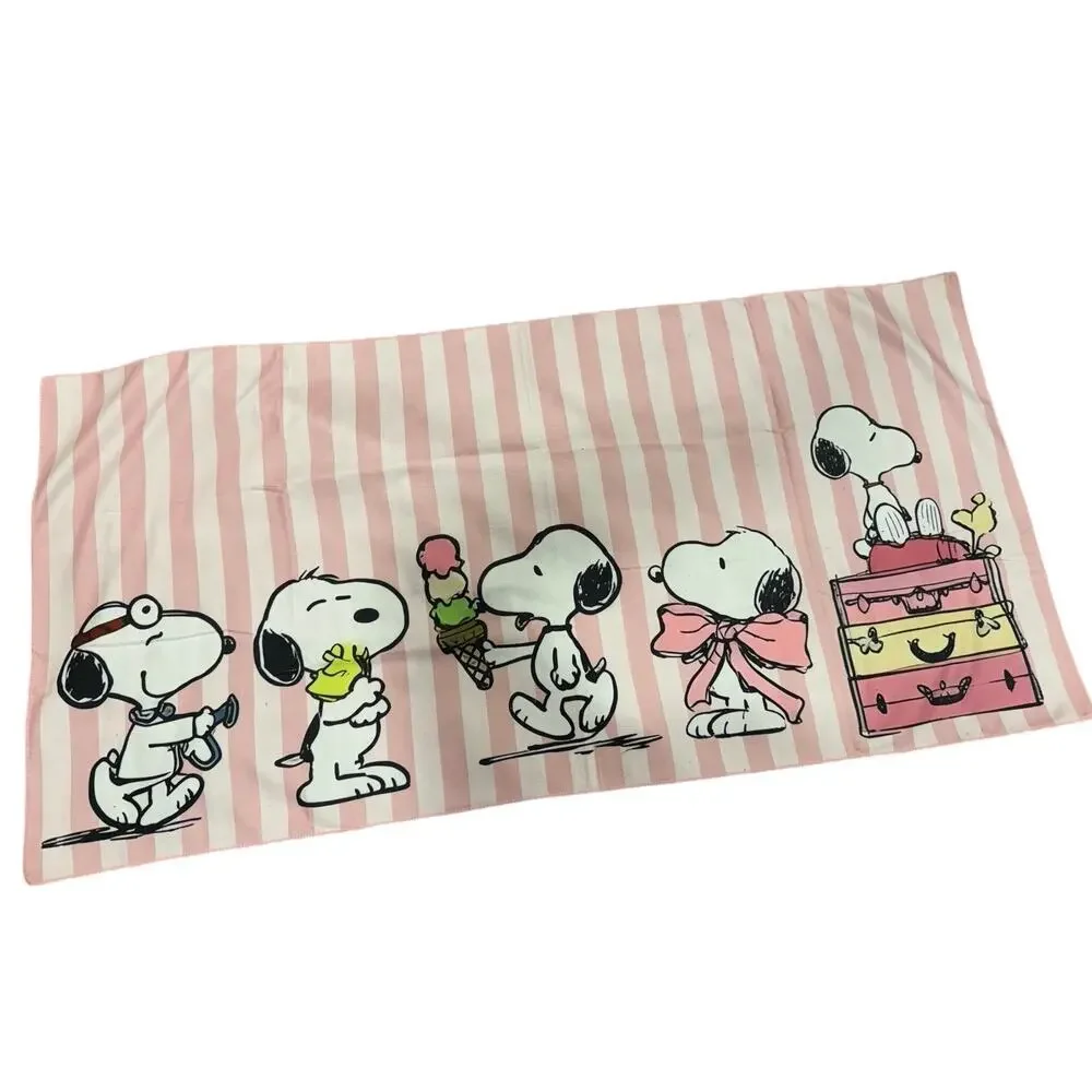 Snoopy in different activities beach towel pink stripes